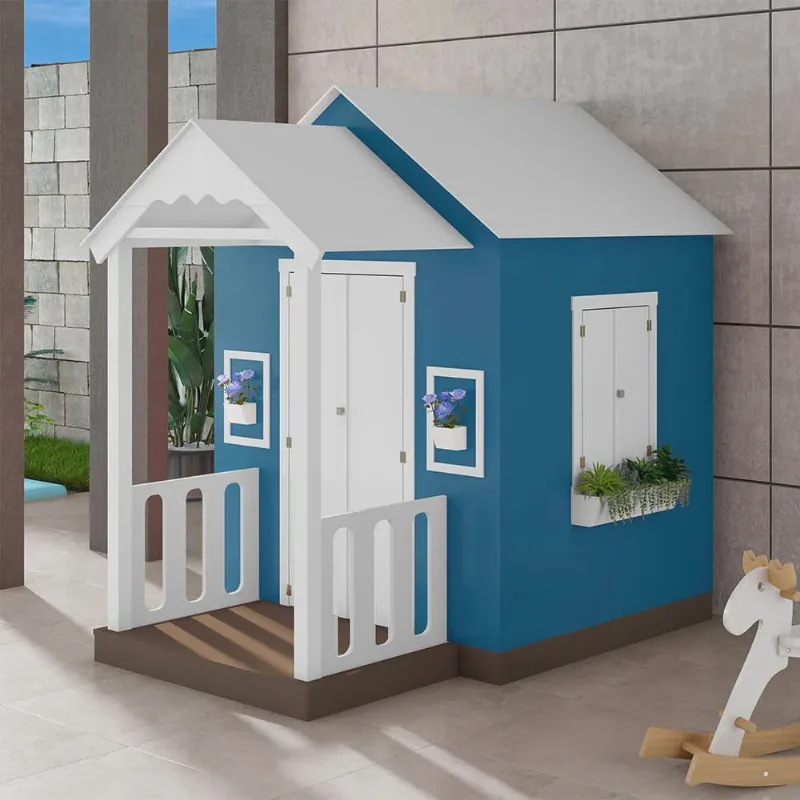 Casinha de Brinquedo mdf com Varanda Artesanal Branco/Azul L12 - Gran Belo