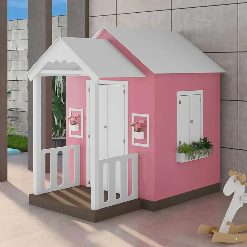 Casinha de Brinquedo mdf com Varanda Artesanal Branco/Rosa L12 - Gran Belo