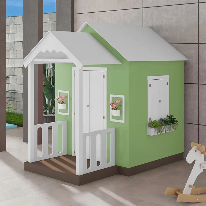 Casinha de Brinquedo mdf com Varanda Artesanal Branco/Verde L12 - Gran Belo