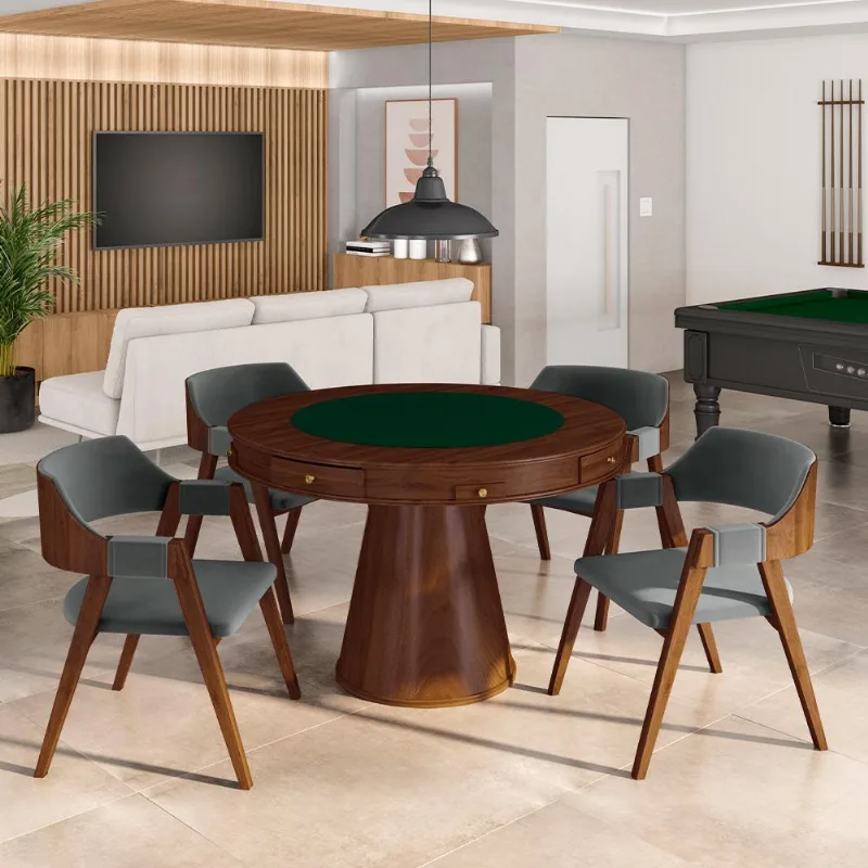 Conjunto Mesa De Jogos Carteado Bellagio Tampo Reversível E 4 Cadeiras Madeira Poker Base Cone Veludo Cinza/imbuia G42 - Gran Belo