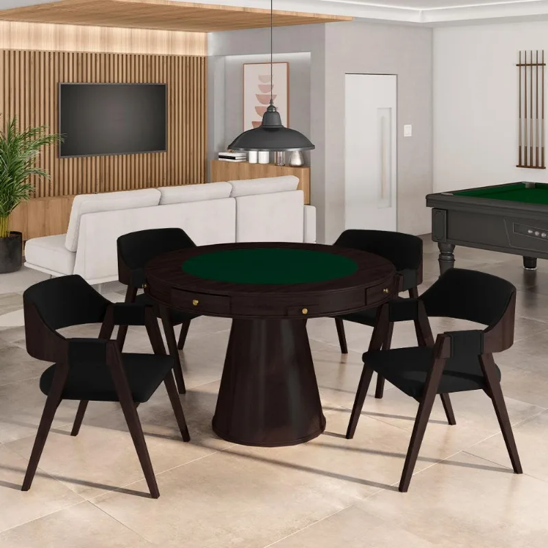 Conjunto Mesa De Jogos Carteado Bellagio Tampo Reversível E 4 Cadeiras Madeira Poker Base Cone Veludo Preto/tabaco G42 - Gran Belo
