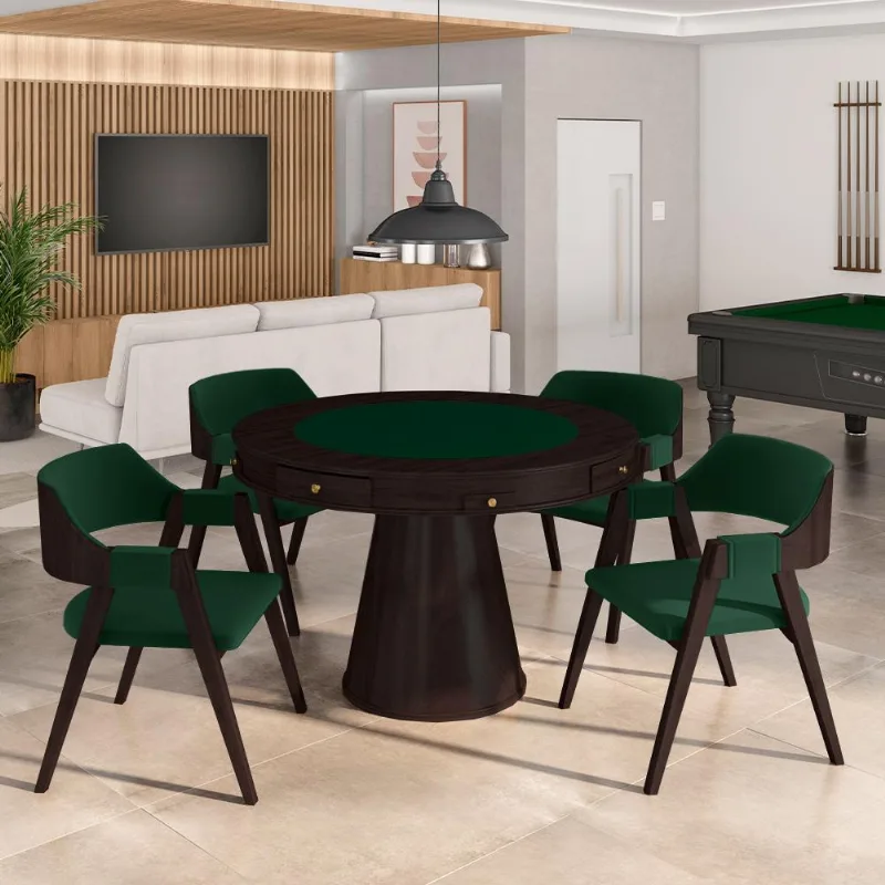 Conjunto Mesa De Jogos Carteado Bellagio Tampo Reversível E 4 Cadeiras Madeira Poker Base Cone Veludo Verde/tabaco G42 - Gran Belo