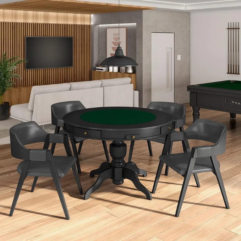 Conjunto Mesa De Jogos Carteado Bellagio Tampo Reversível E 4 Cadeiras Madeira Poker Base Estrela Pu Grafite/preto G42 - Gran Belo