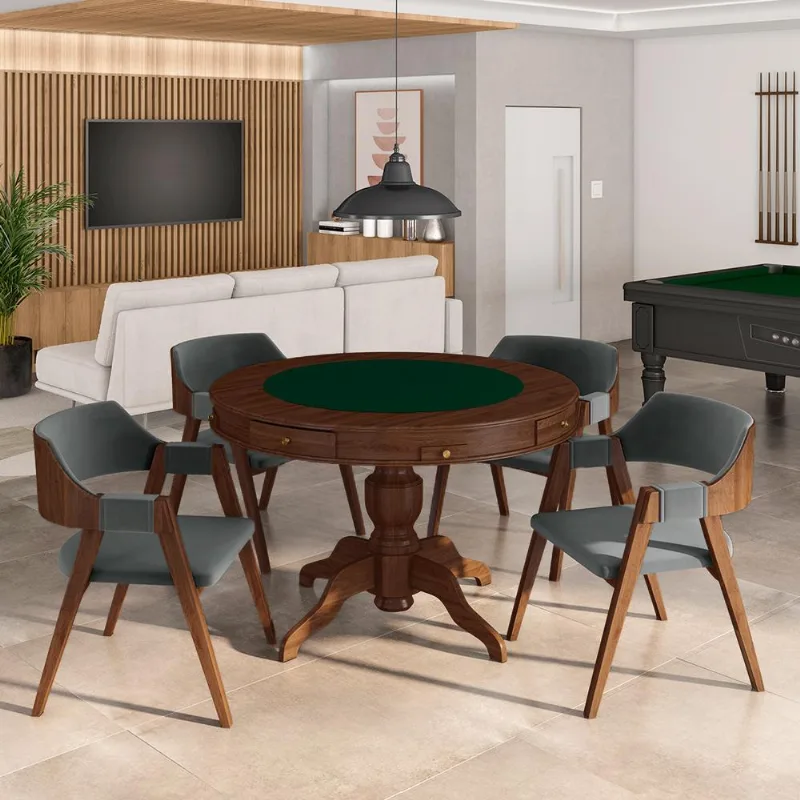 Conjunto Mesa De Jogos Carteado Bellagio Tampo Reversível E 4 Cadeiras Madeira Poker Base Estrela Veludo Cinza/imbuia G42 - Gran Belo