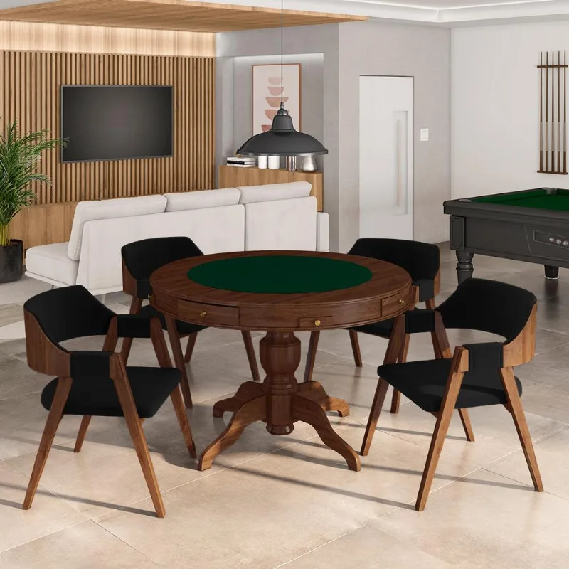 Conjunto Mesa De Jogos Carteado Bellagio Tampo Reversível E 4 Cadeiras Madeira Poker Base Estrela Veludo Preto/imbuia G42 - Gran Belo