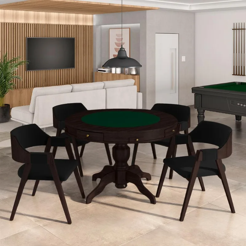 Conjunto Mesa De Jogos Carteado Bellagio Tampo Reversível E 4 Cadeiras Madeira Poker Base Estrela Veludo Preto/tabaco G42 - Gran Belo