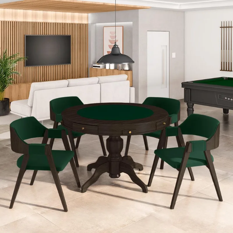 Conjunto Mesa De Jogos Carteado Bellagio Tampo Reversível E 4 Cadeiras Madeira Poker Base Estrela Veludo Verde/capuccino G42 - Gran Belo