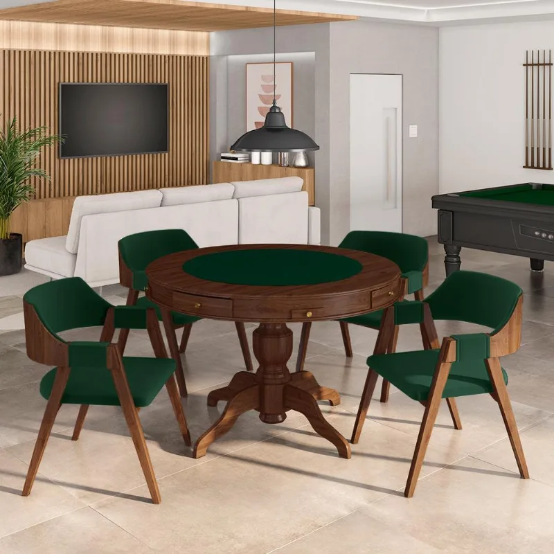 Conjunto Mesa De Jogos Carteado Bellagio Tampo Reversível E 4 Cadeiras Madeira Poker Base Estrela Veludo Verde/imbuia G42 - Gran Belo