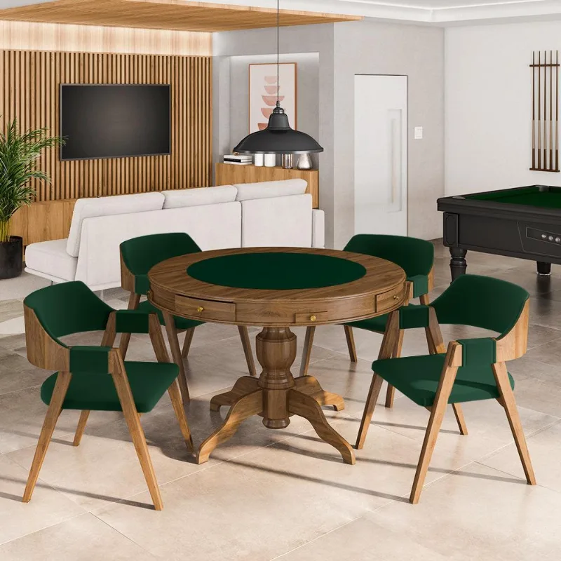 Conjunto Mesa De Jogos Carteado Bellagio Tampo Reversível E 4 Cadeiras Madeira Poker Base Estrela Veludo Verde/nogueira G42 - Gran Belo