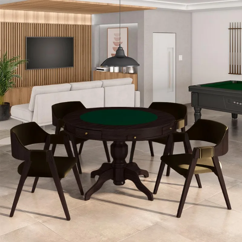 Conjunto Mesa De Jogos Carteado Bellagio Tampo Reversível E 4 Cadeiras Madeira Poker Base Estrela Veludo Verde/tabaco G42 - Gran Belo