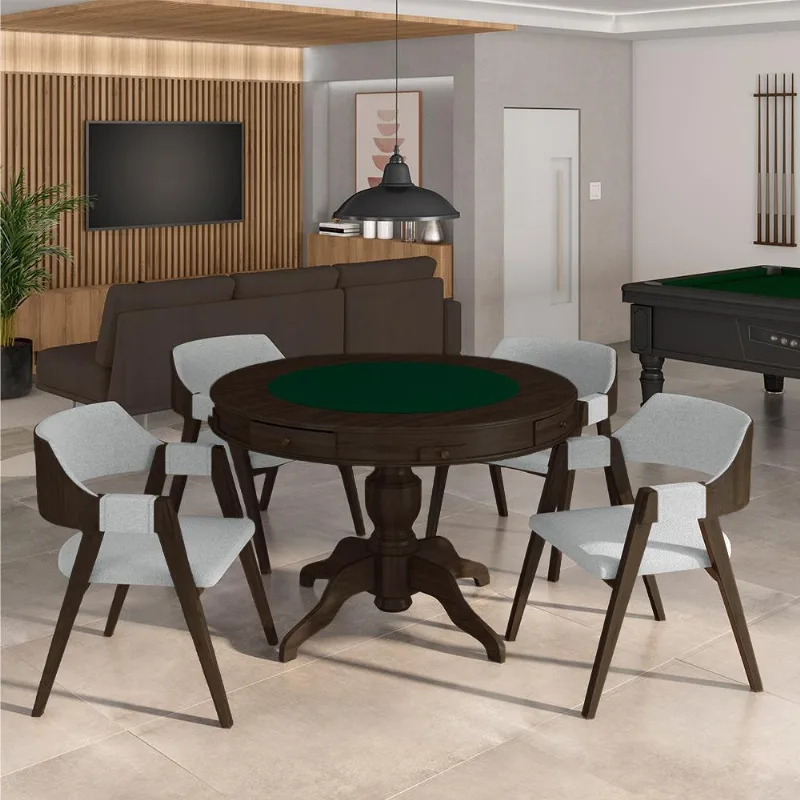 Conjunto Mesa De Jogos Carteado Bellagio Tampo Reversível Verde E 4 Cadeiras Madeira Poker Base Estrela Linho Cinza/capuccino G42 - Gran Belo