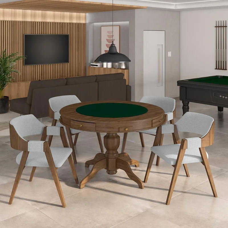Conjunto Mesa De Jogos Carteado Bellagio Tampo Reversível Verde E 4 Cadeiras Madeira Poker Base Estrela Linho Cinza/nogueira G42 - Gran Belo