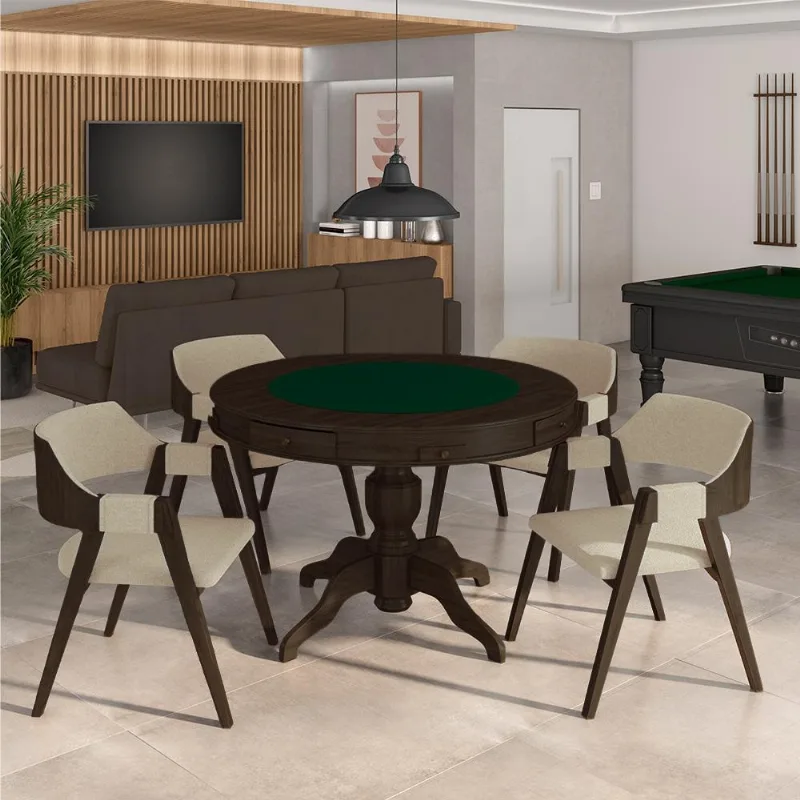Conjunto Mesa De Jogos Carteado Bellagio Tampo Reversível Verde E 4 Cadeiras Madeira Poker Base Estrela Linho Offwhite/capuccino G42 - Gran Belo