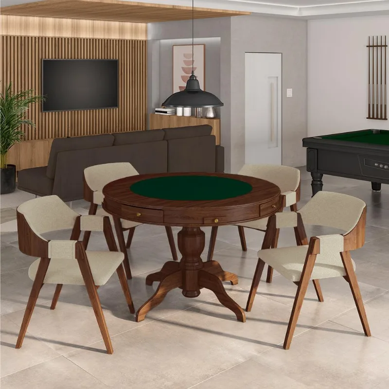 Conjunto Mesa De Jogos Carteado Bellagio Tampo Reversível Verde E 4 Cadeiras Madeira Poker Base Estrela Linho Offwhite/imbuia G42 - Gran Belo