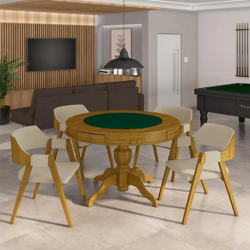 Conjunto Mesa De Jogos Carteado Bellagio Tampo Reversível Verde E 4 Cadeiras Madeira Poker Base Estrela Linho Offwhite/mel G42 - Gran Belo