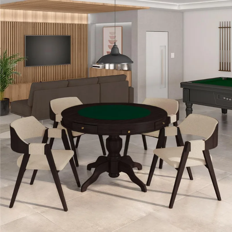 Conjunto Mesa De Jogos Carteado Bellagio Tampo Reversível Verde E 4 Cadeiras Madeira Poker Base Estrela Linho Offwhite/tabaco G42 - Gran Belo