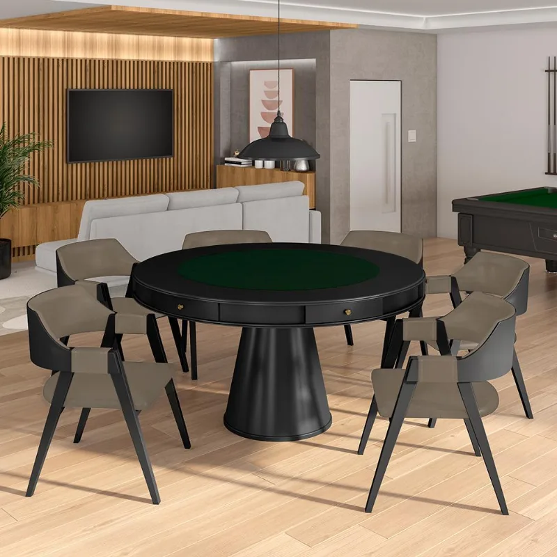 Conjunto Mesa De Jogos Carteado Bellagio Tampo Reversível E 6 Cadeiras Madeira Poker Base Cone Pu Nude/preto G42 - Gran Belo