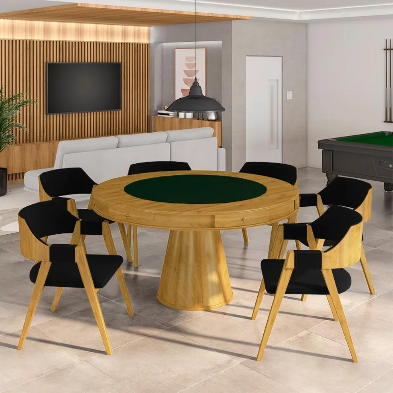 Conjunto Mesa De Jogos Carteado Bellagio Tampo Reversível E 6 Cadeiras Madeira Poker Base Cone Veludo Preto/mel G42 - Gran Belo