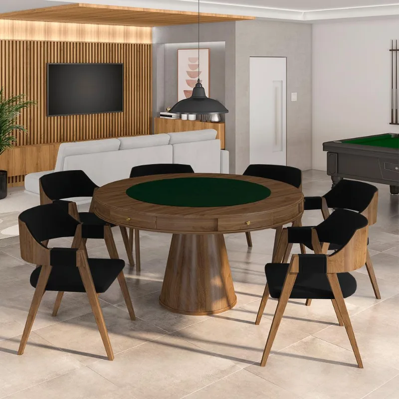 Conjunto Mesa De Jogos Carteado Bellagio Tampo Reversível E 6 Cadeiras Madeira Poker Base Cone Veludo Preto/nogueira G42 - Gran Belo
