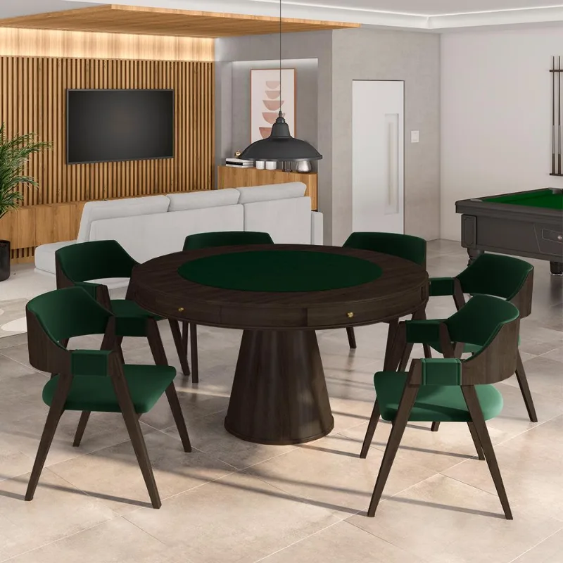 Conjunto Mesa De Jogos Carteado Bellagio Tampo Reversível E 6 Cadeiras Madeira Poker Base Cone Veludo Verde/capuccino G42 - Gran Belo