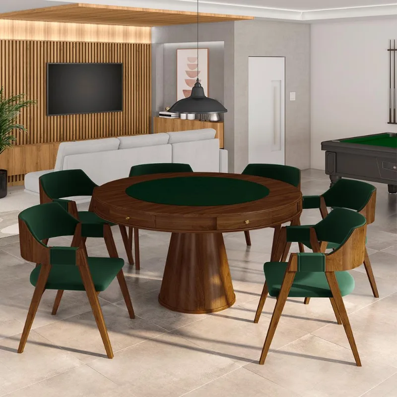 Conjunto Mesa De Jogos Carteado Bellagio Tampo Reversível E 6 Cadeiras Madeira Poker Base Cone Veludo Verde/imbuia G42 - Gran Belo