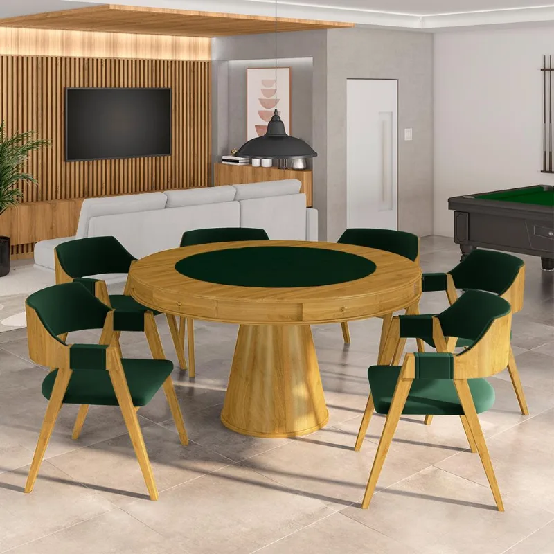 Conjunto Mesa De Jogos Carteado Bellagio Tampo Reversível E 6 Cadeiras Madeira Poker Base Cone Veludo Verde/mel G42 - Gran Belo