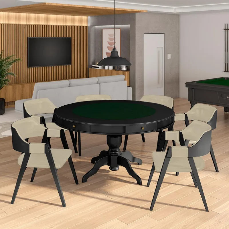 Conjunto Mesa De Jogos Carteado Bellagio Tampo Reversível E 6 Cadeiras Madeira Poker Base Estrela Pu Bege/preto G42 - Gran Belo