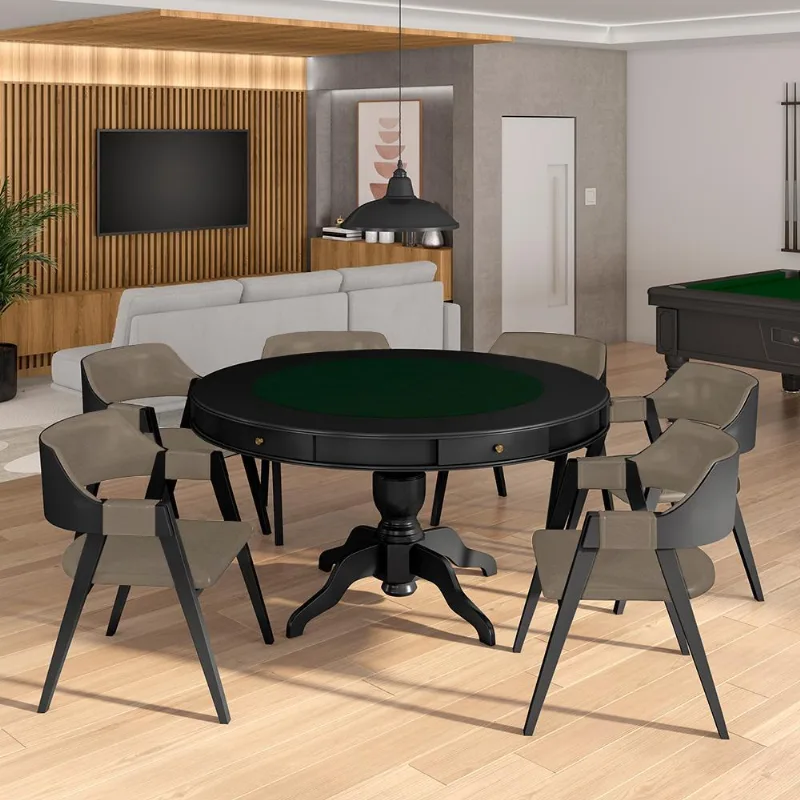 Conjunto Mesa De Jogos Carteado Bellagio Tampo Reversível E 6 Cadeiras Madeira Poker Base Estrela Pu Nude/preto G42 - Gran Belo