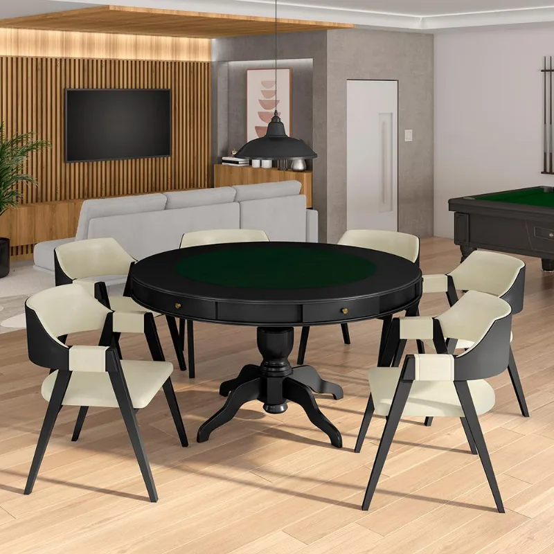 Conjunto Mesa De Jogos Carteado Bellagio Tampo Reversível E 6 Cadeiras Madeira Poker Base Estrela Pu Offwhite/preto G42 - Gran Belo