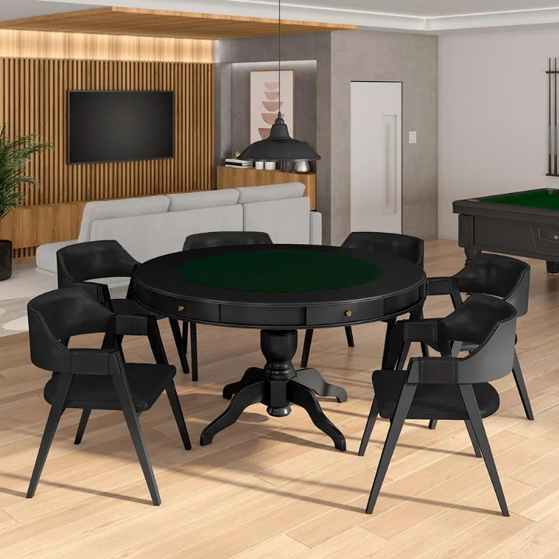 Conjunto Mesa De Jogos Carteado Bellagio Tampo Reversível E 6 Cadeiras Madeira Poker Base Estrela Pu Preto/preto G42 - Gran Belo - Gran Belo - Móveis