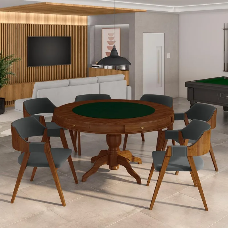 Conjunto Mesa De Jogos Carteado Bellagio Tampo Reversível E 6 Cadeiras Madeira Poker Base Estrela Veludo Cinza/imbuia G42 - Gran Belo