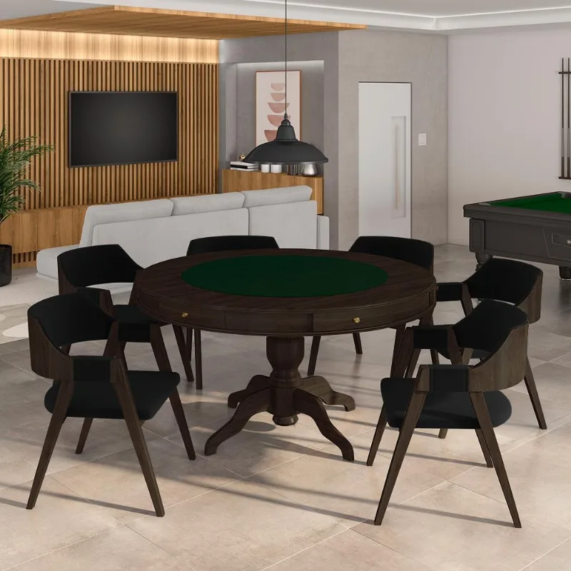 Conjunto Mesa De Jogos Carteado Bellagio Tampo Reversível E 6 Cadeiras Madeira Poker Base Estrela Veludo Preto/capuccino G42 - Gran Belo