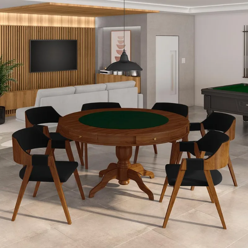 Conjunto Mesa De Jogos Carteado Bellagio Tampo Reversível E 6 Cadeiras Madeira Poker Base Estrela Veludo Preto/imbuia G42 - Gran Belo