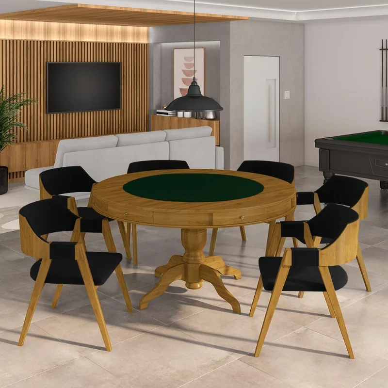 Conjunto Mesa De Jogos Carteado Bellagio Tampo Reversível E 6 Cadeiras Madeira Poker Base Estrela Veludo Preto/mel G42 - Gran Belo