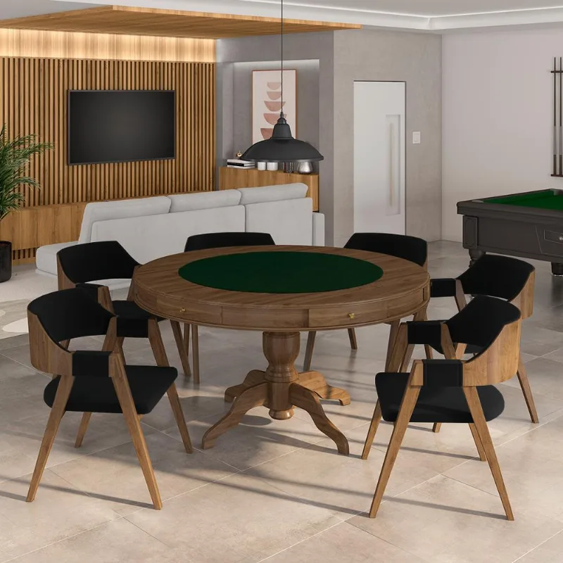 Conjunto Mesa De Jogos Carteado Bellagio Tampo Reversível E 6 Cadeiras Madeira Poker Base Estrela Veludo Preto/nogueira G42 - Gran Belo