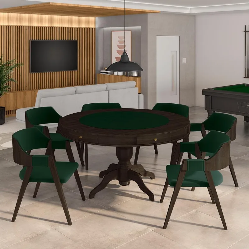 Conjunto Mesa De Jogos Carteado Bellagio Tampo Reversível E 6 Cadeiras Madeira Poker Base Estrela Veludo Verde/capuccino G42 - Gran Belo