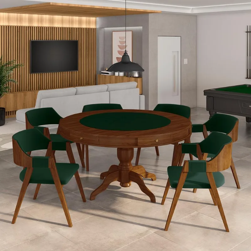 Conjunto Mesa De Jogos Carteado Bellagio Tampo Reversível E 6 Cadeiras Madeira Poker Base Estrela Veludo Verde/imbuia G42 - Gran Belo