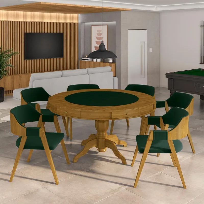 Conjunto Mesa De Jogos Carteado Bellagio Tampo Reversível E 6 Cadeiras Madeira Poker Base Estrela Veludo Verde/mel G42 - Gran Belo