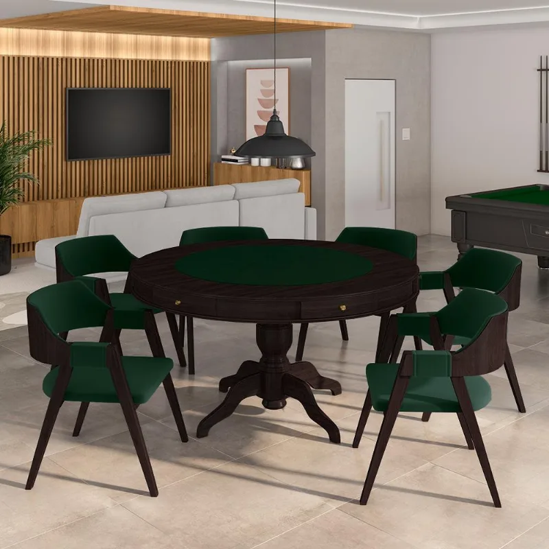 Conjunto Mesa De Jogos Carteado Bellagio Tampo Reversível E 6 Cadeiras Madeira Poker Base Estrela Veludo Verde Escuro/tabaco G42 - Gran Belo