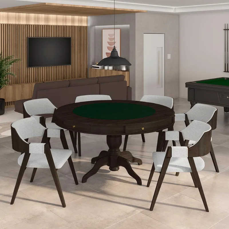Conjunto Mesa De Jogos Carteado Bellagio Tampo Reversível Preto E 6 Cadeiras Madeira Poker Base Estrela Linho Cinza/capuccino G42 - Gran Belo