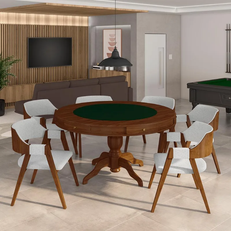 Conjunto Mesa De Jogos Carteado Bellagio Tampo Reversível Verde E 6 Cadeiras Madeira Poker Base Estrela Linho Cinza/imbuia G42 - Gran Belo