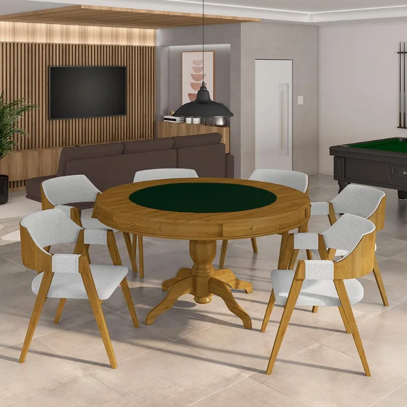 Conjunto Mesa De Jogos Carteado Bellagio Tampo Reversível Preto E 6 Cadeiras Madeira Poker Base Estrela Linho Cinza/mel G42 - Gran Belo