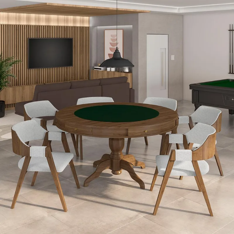 Conjunto Mesa De Jogos Carteado Bellagio Tampo Reversível Preto E 6 Cadeiras Madeira Poker Base Estrela Linho Cinza/nogueira G42 - Gran Belo