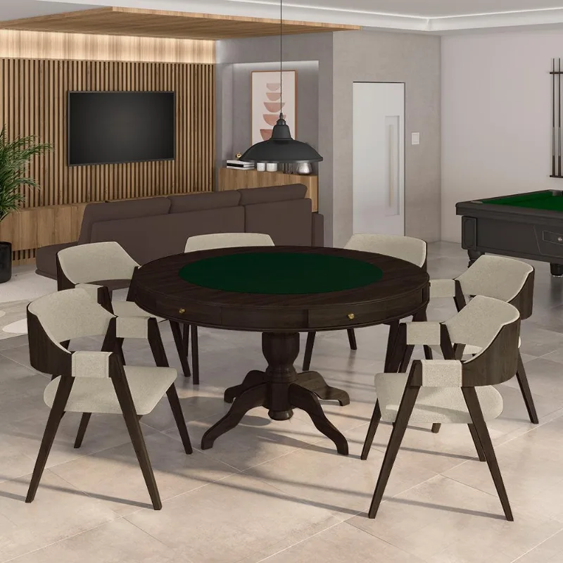 Conjunto Mesa De Jogos Carteado Bellagio Tampo Reversível Preto E 6 Cadeiras Madeira Poker Base Estrela Linho Offwhite/capuccino G42 - Gran Belo