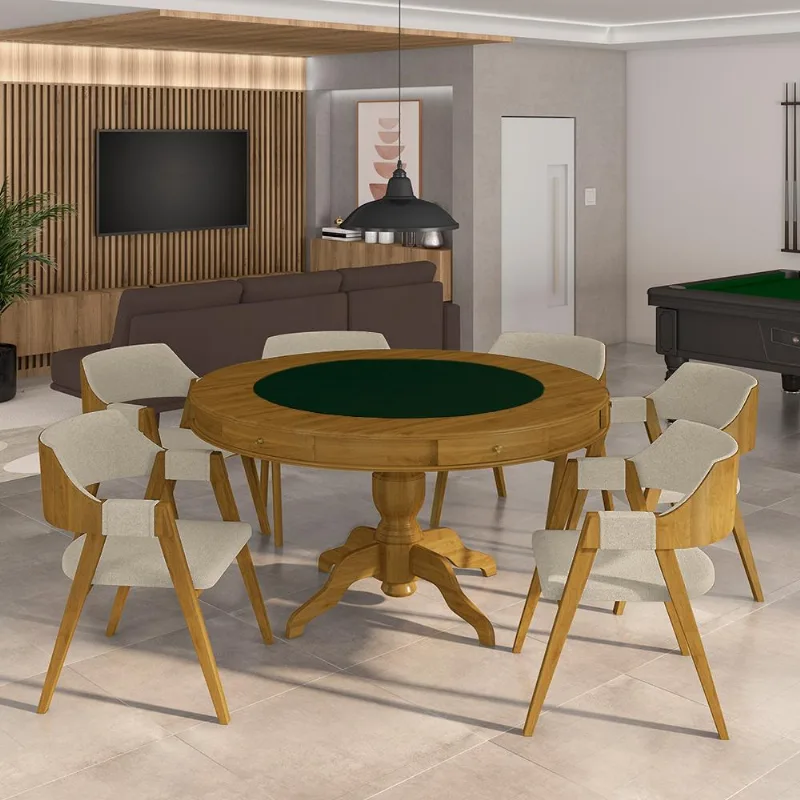 Conjunto Mesa De Jogos Carteado Bellagio Tampo Reversível Preto E 6 Cadeiras Madeira Poker Base Estrela Linho Offwhite/mel G42 - Gran Belo