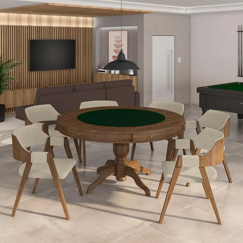 Conjunto Mesa De Jogos Carteado Bellagio Tampo Reversível Preto E 6 Cadeiras Madeira Poker Base Estrela Linho Offwhite/nogueira G42 - Gran Belo