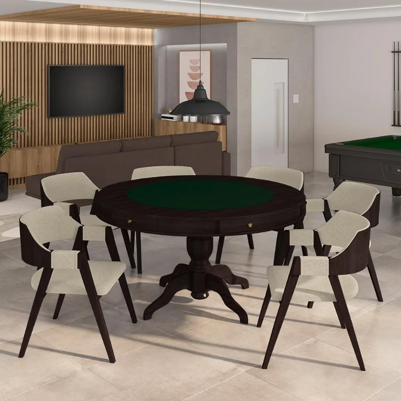 Conjunto Mesa De Jogos Carteado Bellagio Tampo Reversível Preto E 6 Cadeiras Madeira Poker Base Estrela Linho Offwhite/tabaco G42 - Gran Belo