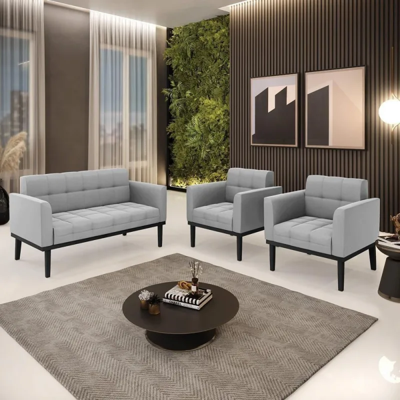 Conjunto 2 Poltronas e 1 Namoradeira Karen G19 Suede Cinza para Sala de Estar Gran Belo - Gran Belo