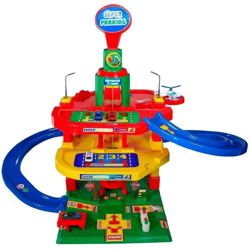 Posto Garagem Infantil Super Parking C/ Carrinho Helicoptero