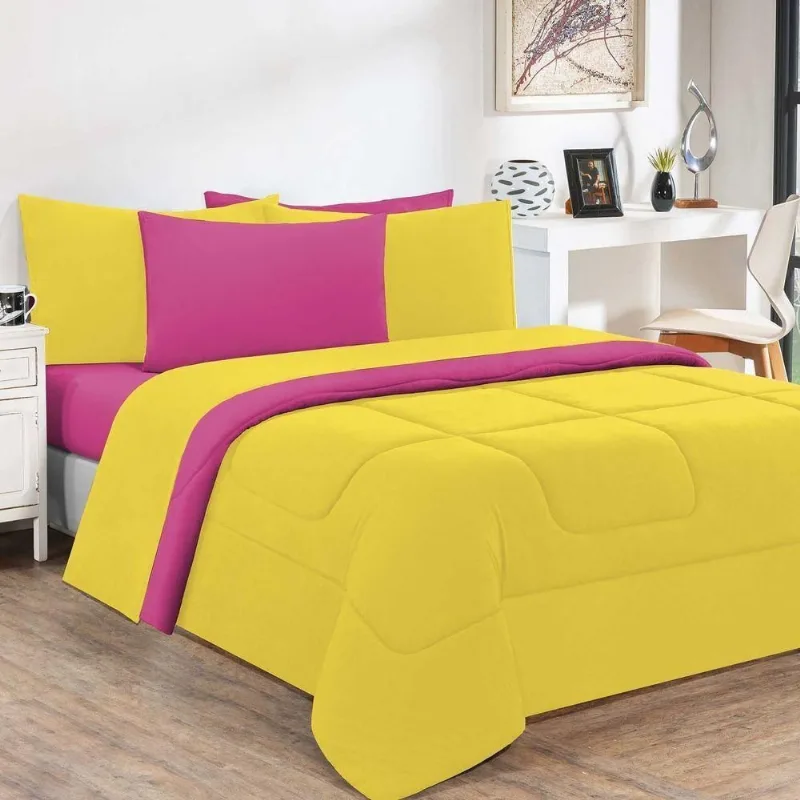 Kit Edredom + Jogo De Lençol 100% Algodão Gran Moratta 7 Peças Casal Amarelo-pink - Enxovais Davy